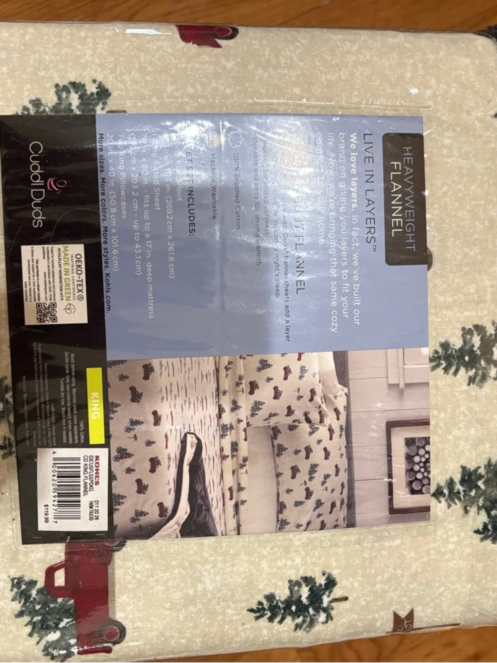 Cuddl Duds King Flannel Sheet Set - Cream with Red Trucks and Green Trees